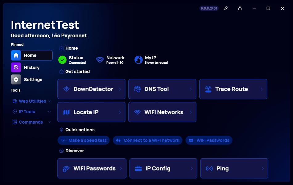 InternetTest 网络检测工具，支持一键查询IP/DNS、WIFI密码信息